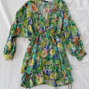 Zara Green Floral Tiered Mini Dress